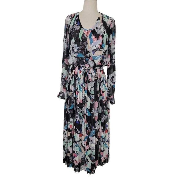 Rebecca Minkoff Pleated Midi Wrap Dress Sz S Floral Abstract Multi Color Feminin - Picture 1 of 9